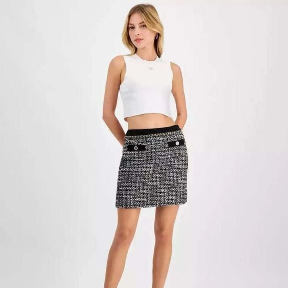GUESS Jeans YVONNE MIX DENIM CHAIN TWEED SKIRT, Black, White, Gold